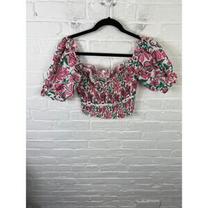 Mary Marshmallow Women's Floral Smocked Cropped Blouse Pink/Green Size Large